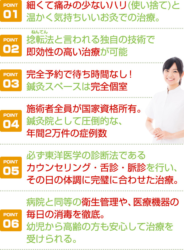 必ず東洋医学の診断法であるカウンセリング・舌診・脈診を行い、その日の体調に完璧に合わせた治療。